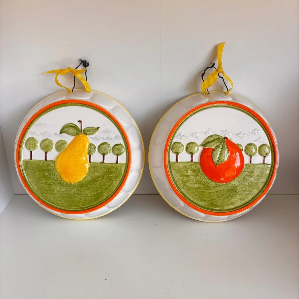 Vtg Dept 56 Ceramic Fruit Jelly Mold Wall Decor Set of 2 Pear Orange Pair 7.25